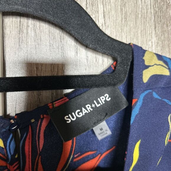 Sugar Lips Maxi Dress Deep Slit Short Sleeves Navy Floral Print Size M - Picture 3 of 10